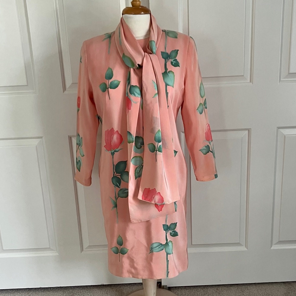 100% Silk Floral Pink Dress with Scarf